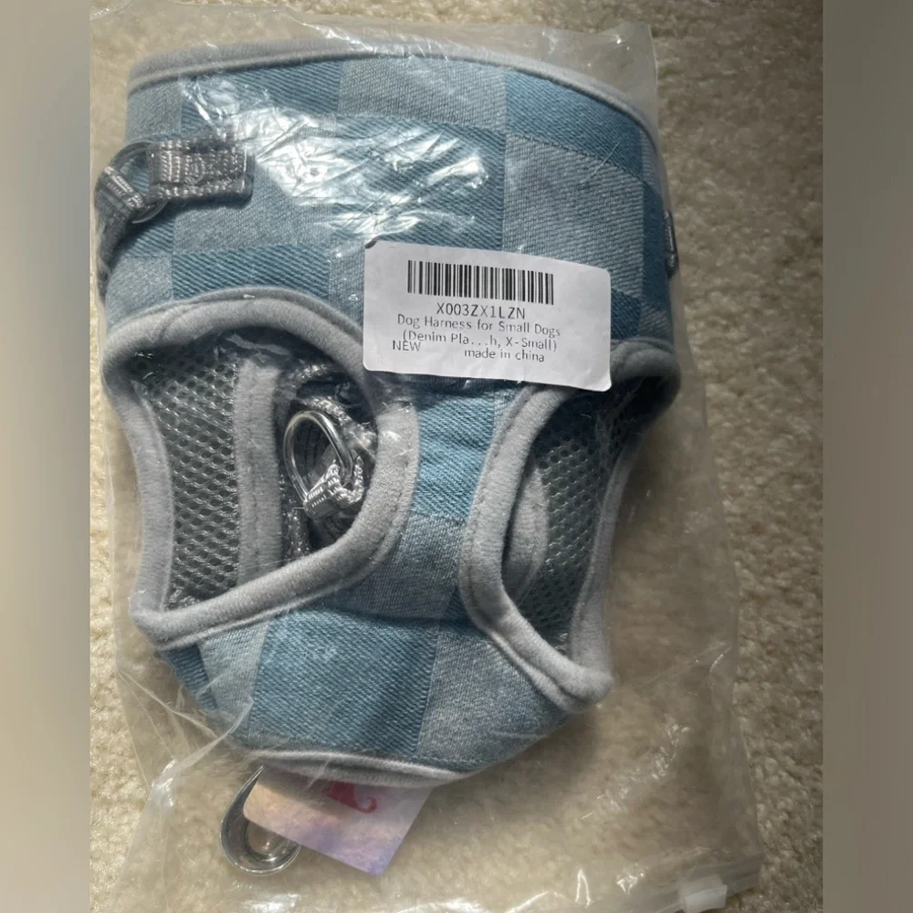 NWT Dog Harness with leash (Denim Plaid+Leash, X-Small)